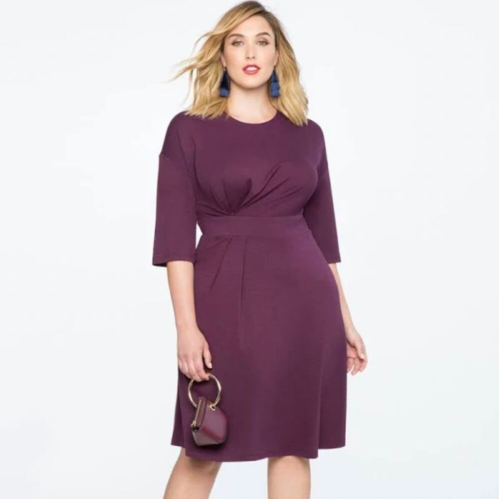 NEW Eloquii Asymmetrical Pleated Dress Women 18 Purple Stretch Ponte Knit Career
